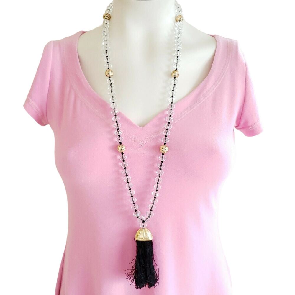 boho art deco clear beaded tassel necklace gold filigree beads UNBRANDED